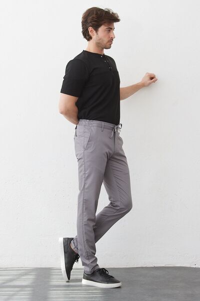 RAVANELLI Erkek Gri Beli Lastikli Bağcıklı Dokuma Likralı Esnek Modern Slim Fit Jogger Pantolon