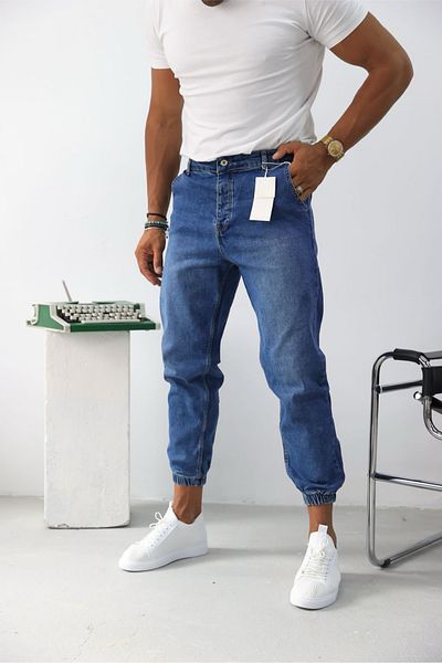 MADZEYMODA Blugi pentru bărbați cu lycra albastră - Blugi cu picior elastic