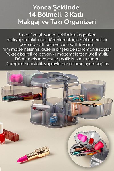 Meleni Home 3 Tiers 14 Compartments Clover Organizer - Anthracite Desktop Organizer, Makeup Jewelry