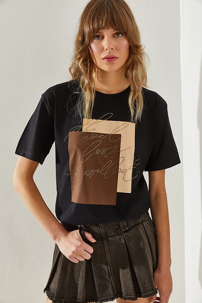 Bianco Lucci Detailní dámské triko s flitry Crew Neck – Krátký rukáv60251363