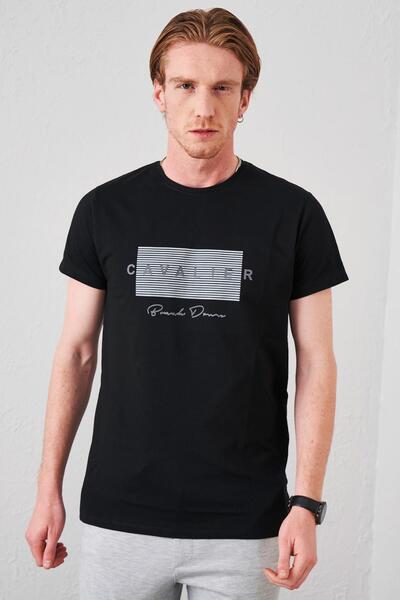 TENA Men's Black Crew Neck Cavalıer Printed T-Shirt