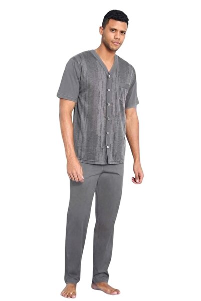 KLY Jakarlı Kısa Kol Önden Düğmeli Gömlek Erkek Pijama Takım