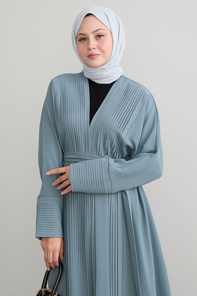 InStyle Μακρύ Abaya σε χρώμα μέντας - Λεπτομέρεια με πλισέ στο ύψος