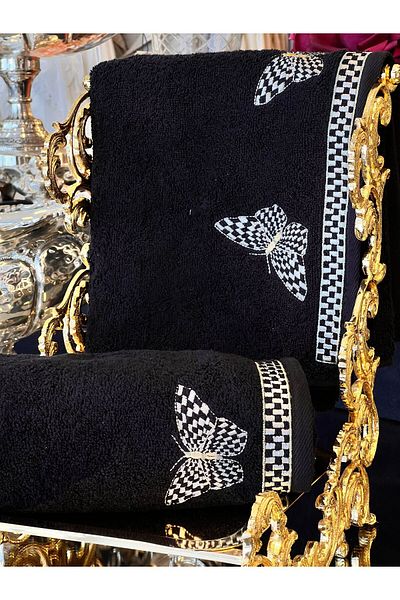 Antepiş Home Black Butterfly Embroidered Face Towel