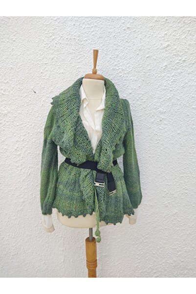 Hippybutik Yeşil Degrade Yün El Dokuma Volan Yakalı Tasarım Hırka