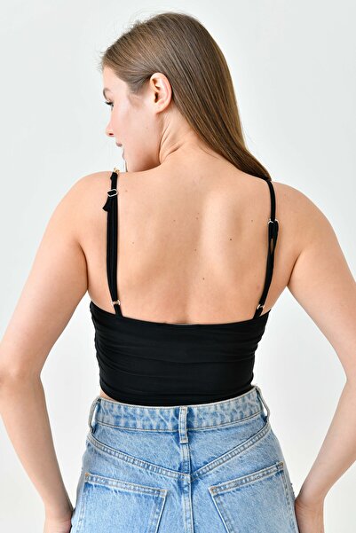 lovebox Dámská pružná blůza z pískové tkaniny černá plodinová halenka s nastavitelným stahovacím popruhem 10612