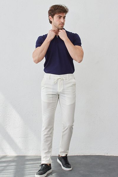 RAVANELLI Λευκό Lycra Flexible Slim Fit Jogger Παντελόνι - Ανδρικό, Ελαστική μέση, Κορδόνια