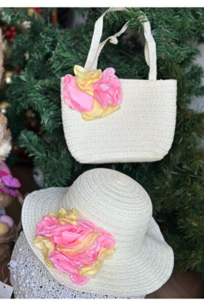 QUEEN AKSESUAR Luxury Straw Bag and Hat Kids Set - Satin Rose Flowers, Fancy Pink Yellow