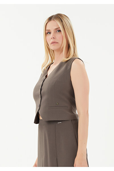 blouzella Stylish Mink Vest - Woven V-neck with Belt Detail