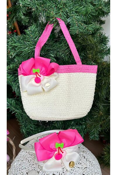 QUEEN AKSESUAR Set pentru copii fucsia și alb - design special, geantă de paie de lux, coroană cu cireșe și figurine cu fructe