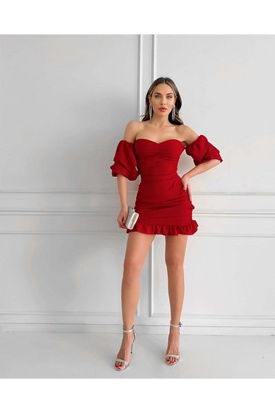 ESRAHELVACI Red Balloon Sleeve Gathered Mini Dress