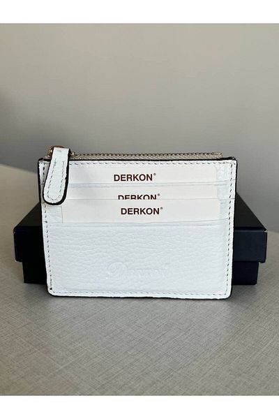 DERKON White Genuine Leather - Zippered Coin Purse, Women's and Men's City Model