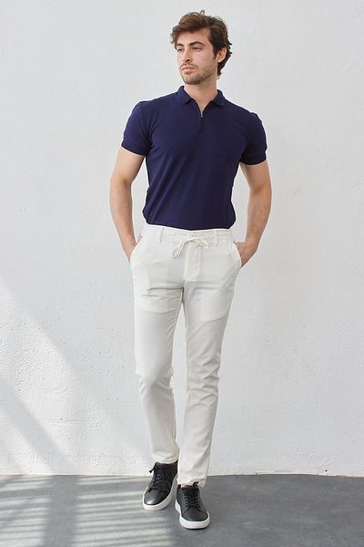 RAVANELLI Λευκό Lycra Flexible Slim Fit Jogger Παντελόνι - Ανδρικό, Ελαστική μέση, Κορδόνια