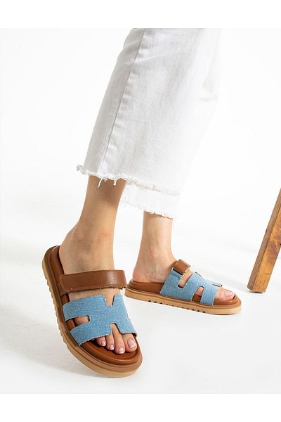 trendyhit Beca Women's Slippers - Genuine Leather, Flat Sole, Tan Color