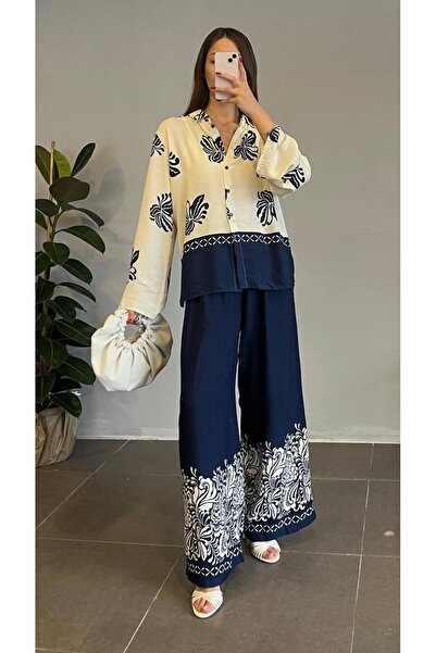 Julidress Julidress Blue Patterned Shirt and Trousers Set - Elastic Waist