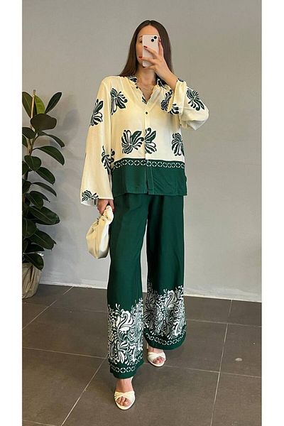 Julidress Green Patterned Julidress Shirt and Elastic Pants Set