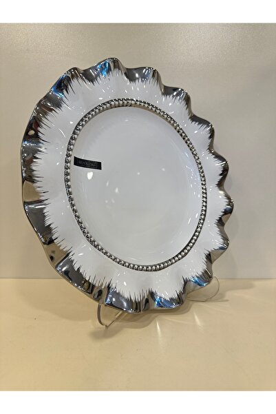 PLUS HOME YUVARLAK DÜZ SERVİS BEYAZ GÜMÜŞ PORSELEN SUNUM TABAĞI