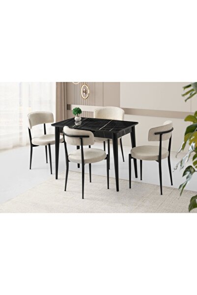 Evistro Ahşap Salon Yemek Masa Sandalye Takımı 4 Sandalyeli Ortadan Açılır Bü...
