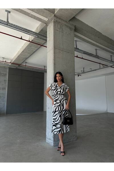 HARMONY GLOBAL Zebra Patterned Double Breasted Collar Midi Dress - Elastic Waist and Belt 005