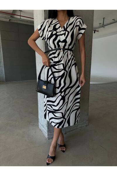 HARMONY GLOBAL Zebra Patterned Double Breasted Collar Midi Dress - Elastic Waist and Belt 005