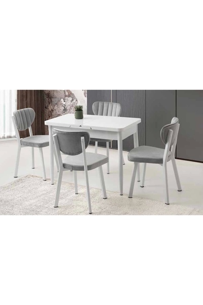 Evistro Milano Beyaz Ahşap Salon Yemek Masa Sandalye Takımı 4 Sandalyeli Orta...