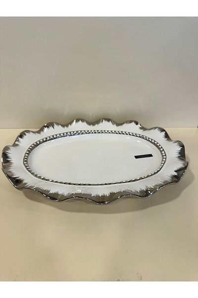 PLUS HOME White Silver Oval Porcelain Serving Plate