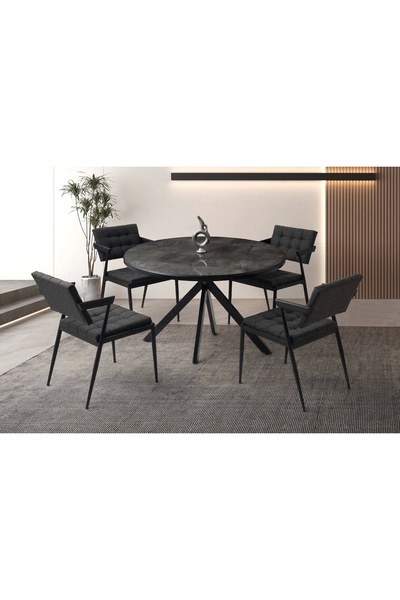 Evistro Ahşap Yuvarlak Açılır Büyüyen Yemek Masa Sandalye Takımı 4 Sandalyeli...