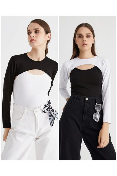 Alpentracht Tr Μαύρο και άσπρο Crop Top - O-Neck, Tesettur, Λαιμόκοψη, Crew Neck, Σετ 2 τεμαχίων