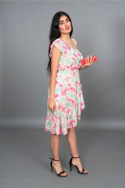 Kir Şifon Kumaş Volanlı Desenli Astarlı Elbise