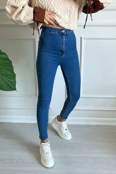 Harmony Pantaloni skinny cu talie înaltă albastră, cu buzunare în față, din lycra