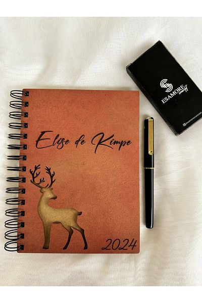 esamore concept Deer Themed Wooden Cover - Spiral Checked Agenda Notebook, for Father's Day