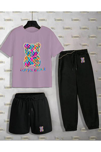 aynewmoda Colorful Lover Bear Printed T-Shirt and Sweatpants Set