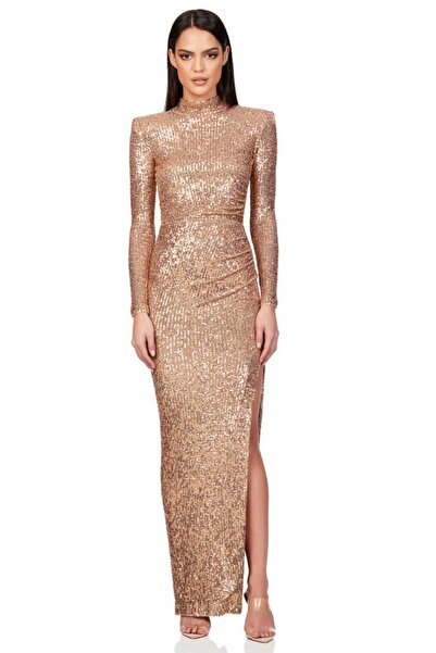 hilaltrendd Balıkçı yaka sırt dekolteli pullu abiye elbise