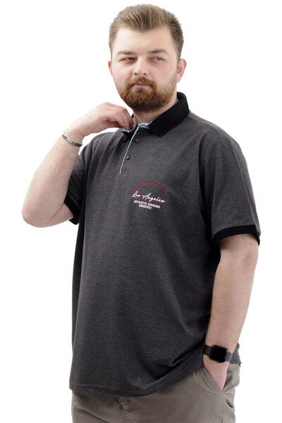 ModeXL Men's T-Shirt - Plus Size, Polo Collar, Embroidered, LOS ANGELES U24331 Anthracite