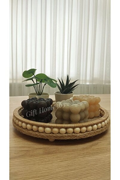 Home Ahsap Boncuklu 25 Cm Hasir Dogal Bohem Rafya/jüt Tepsi, Dekoratif Tepsi, Banyo, Ev, Dekor Tepsi