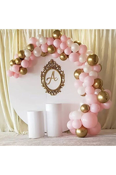 Öz-bal 50 Adet 12 Inç Metalik Parti Balonu Pembe -Beyaz - Gold + 5 mt Balon Z...