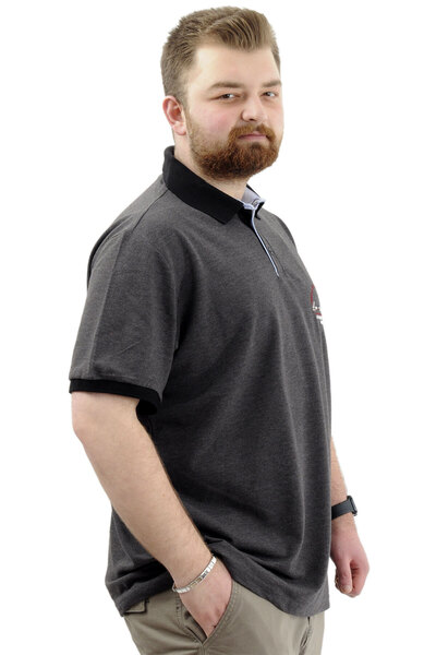 ModeXL Men's T-Shirt - Plus Size, Polo Collar, Embroidered, LOS ANGELES U24331 Anthracite