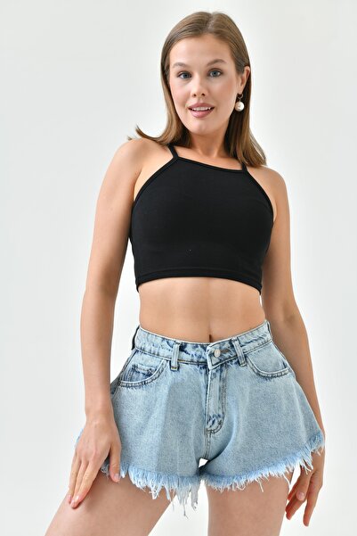 bayansepeti Women's Leg Toe Tassel Detailed High Waist Lycra Free Flounced Fit Light Blue Denim Shorts 70355