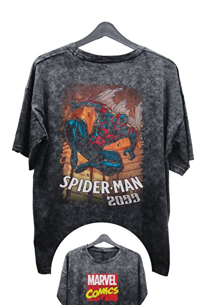 Fuddy Moda Unisex 2099 Spider Man Baskılı Yıkamalı Tişört, Oversize Marvel Comics Baskılı Eskitme T-shirt