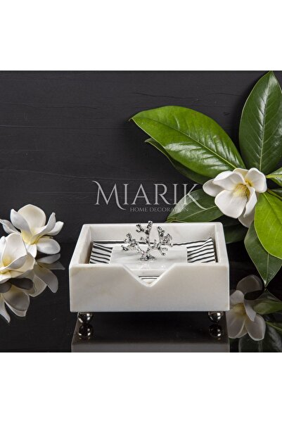MIARIK DESIGN & DEKORASYON Beyaz Mermer Kare Peçetelik Gümüş Mercan Detaylı