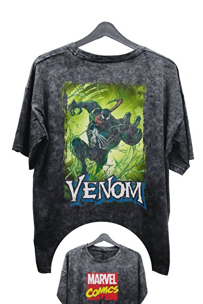 Fuddy Moda Unisex Yeşil Venom Baskılı Yıkamalı Tişört, Oversize Marvel Comics...