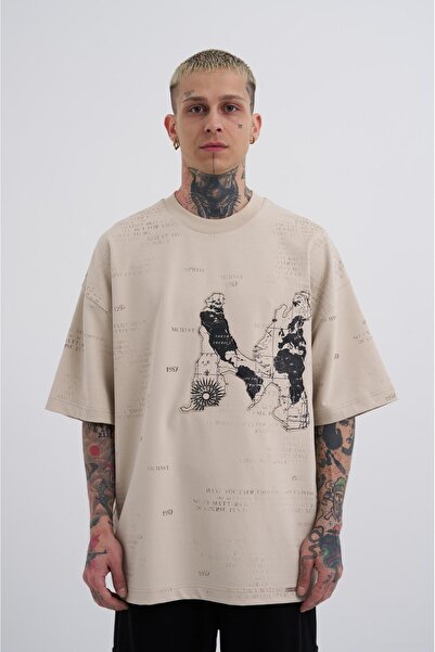 Machinist Ανδρικό μπλουζάκι Oversize ανοιχτό μπεζ - Εκτυπωμένο χάρτη