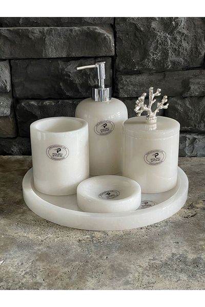 Polen Stone 5-Piece White Marble Bathroom Set with Coral Accessories