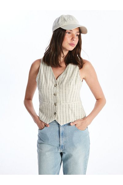 LC Waikiki Linen Blended V-Neck Striped Women's Classic Vest