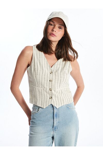 LC Waikiki Linen Blended V-Neck Striped Women's Classic Vest