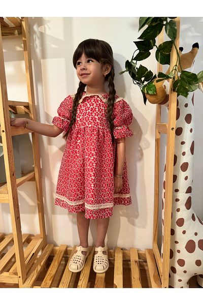 penu baby kids Red Flower Patterned Embroidery Cotton Girl's Dress
