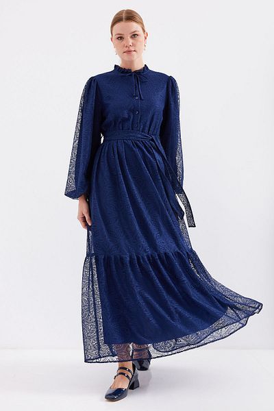 Bigdart 2509 Model Navy Blue Long Lace Hijab Dress