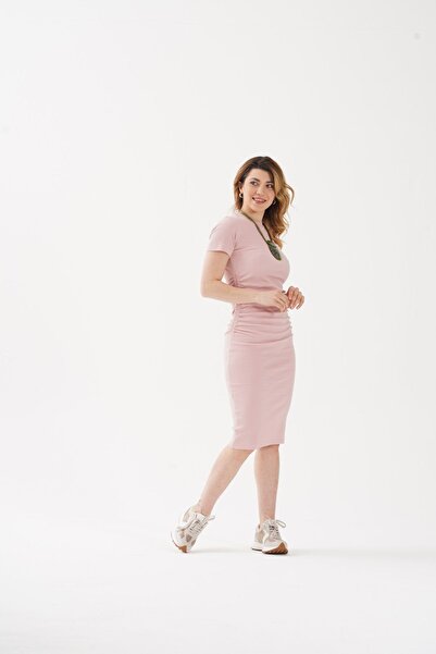 Cosy Club Shop Kadın Fitilli Mevsimlik Bisiklet Yaka Trend Midi Vücudu Saran Esnek Ribana Pembe Elbise %100 Pamuk