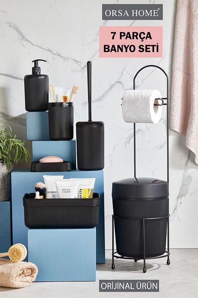 ORSA HOME Μαύρο σετ μπάνιου 7 τεμαχίων με μεταλλικό κάδο βάσης Wc θήκη χαρτιού Κουτί καλλυντικών με βάση οδοντόβουρτσας και πιάτο σαπουνιού