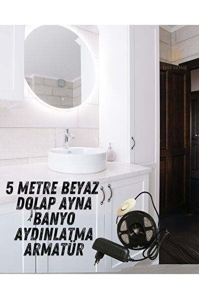 dat home Banyo Dolabı Ayna Dolap Beyaz Led Aydınlatma, Fişli Anahtarlı Taş Ça...